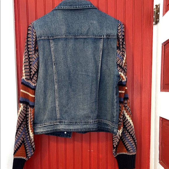 Flying Tomato Boho Women's Denim Jacket with Multicolor Knit Sweater Sleeves L - Picture 4 of 8